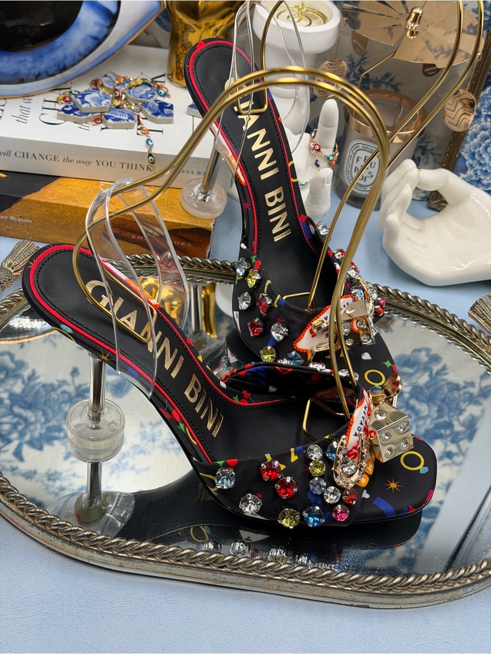 🆕 GIANNI BINI 🧿 NWOB Maverick Printed Casino Martini Heel Sandals, Black, Sz 9 - Picture 13 of 16